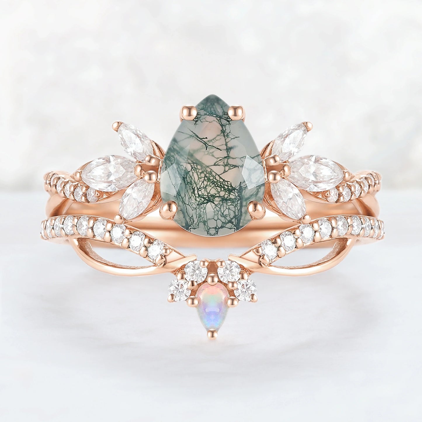 Unique Pear Shaped Moss Agate Vine Art Decor Ring Set