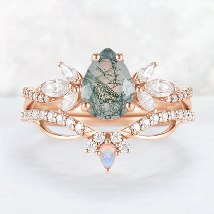 Unique Pear Shaped Moss Agate Vine Art Decor Ring Set