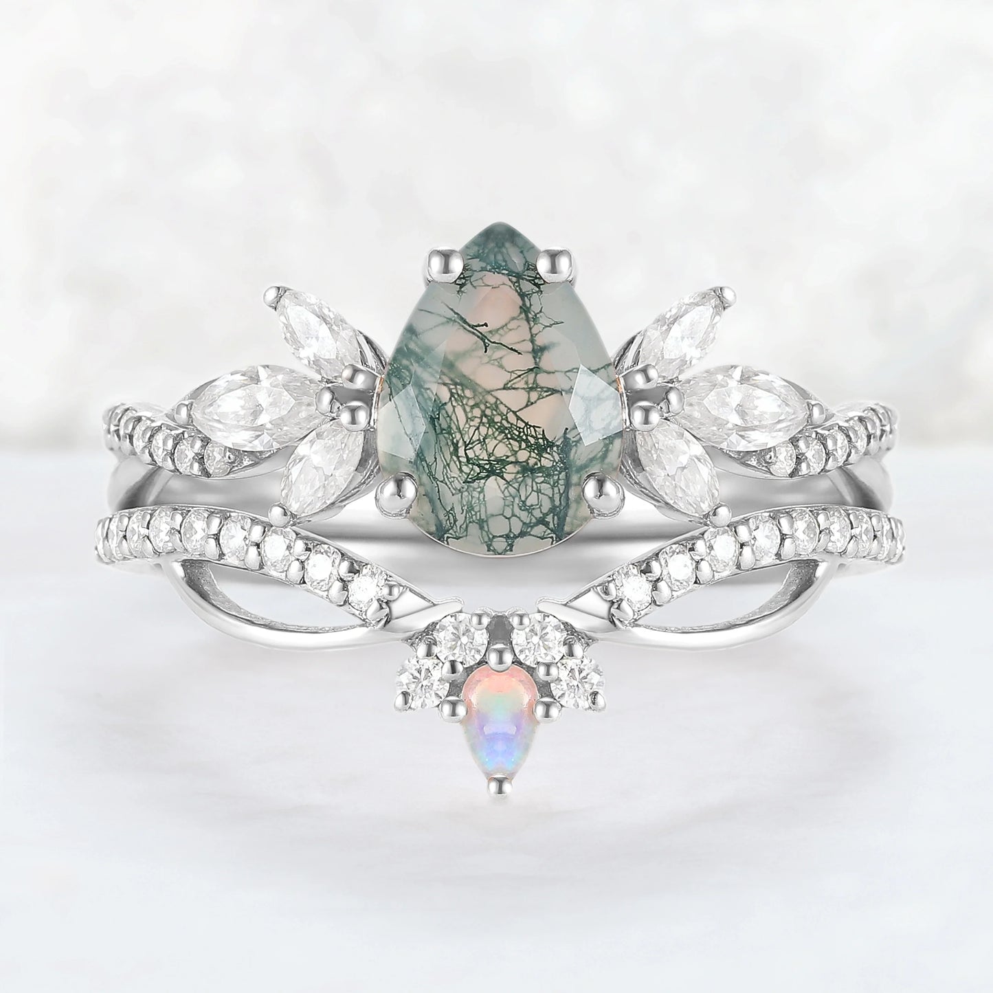 Unique Pear Shaped Moss Agate Vine Art Decor Ring Set