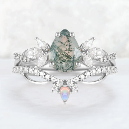 Unique Pear Shaped Moss Agate Vine Art Decor Ring Set