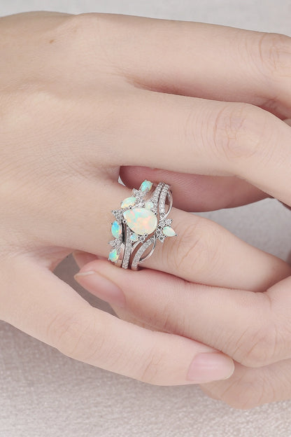 Unique Pear Shaped Natural Opal Vine Silver Ring Set 3pcs
