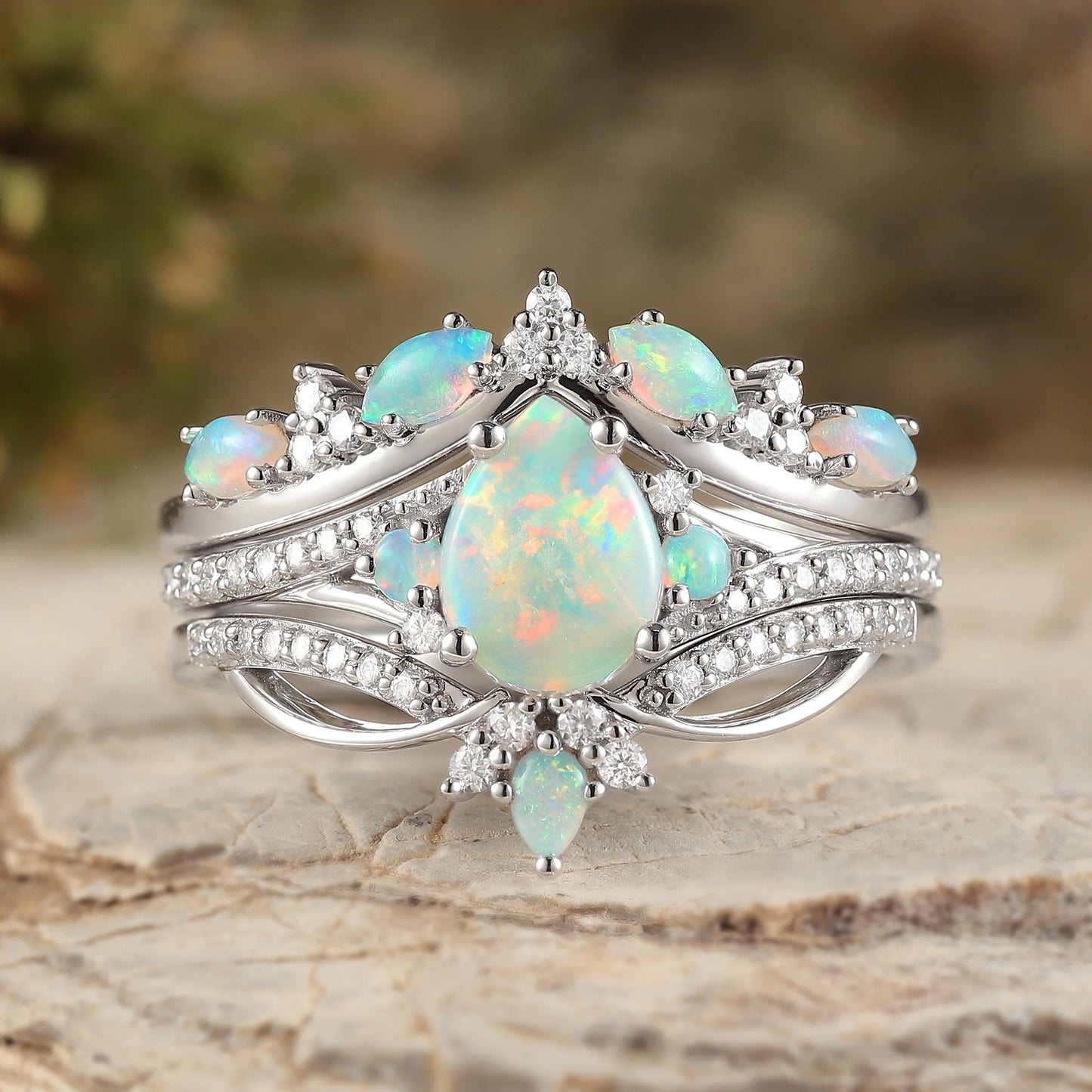 Unique Pear Shaped Natural Opal Vine Silver Ring Set 3pcs