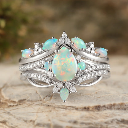 Unique Pear Shaped Natural Opal Vine Silver Ring Set 3pcs