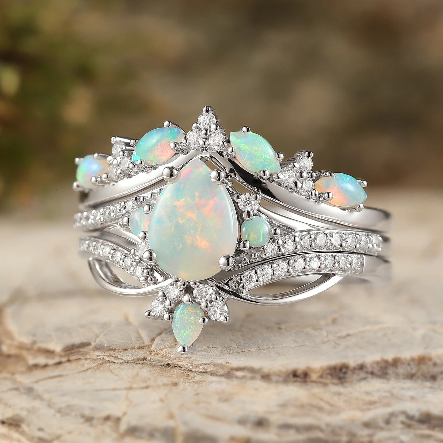 Unique Pear Shaped Natural Opal Vine Silver Ring Set 3pcs