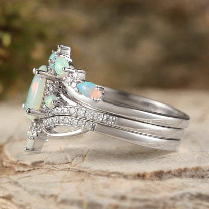 Unique Pear Shaped Natural Opal Vine Silver Ring Set 3pcs