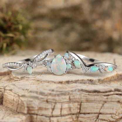 Unique Pear Shaped Natural Opal Vine Silver Ring Set 3pcs