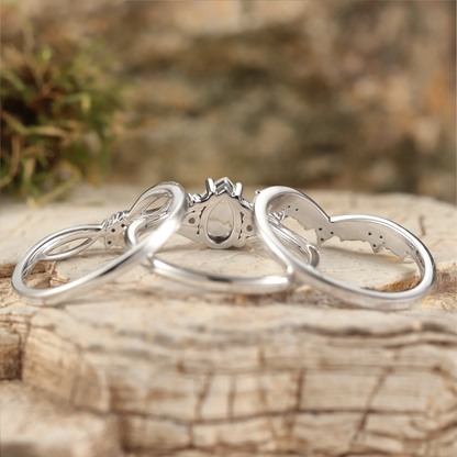 Unique Pear Shaped Natural Opal Vine Silver Ring Set 3pcs