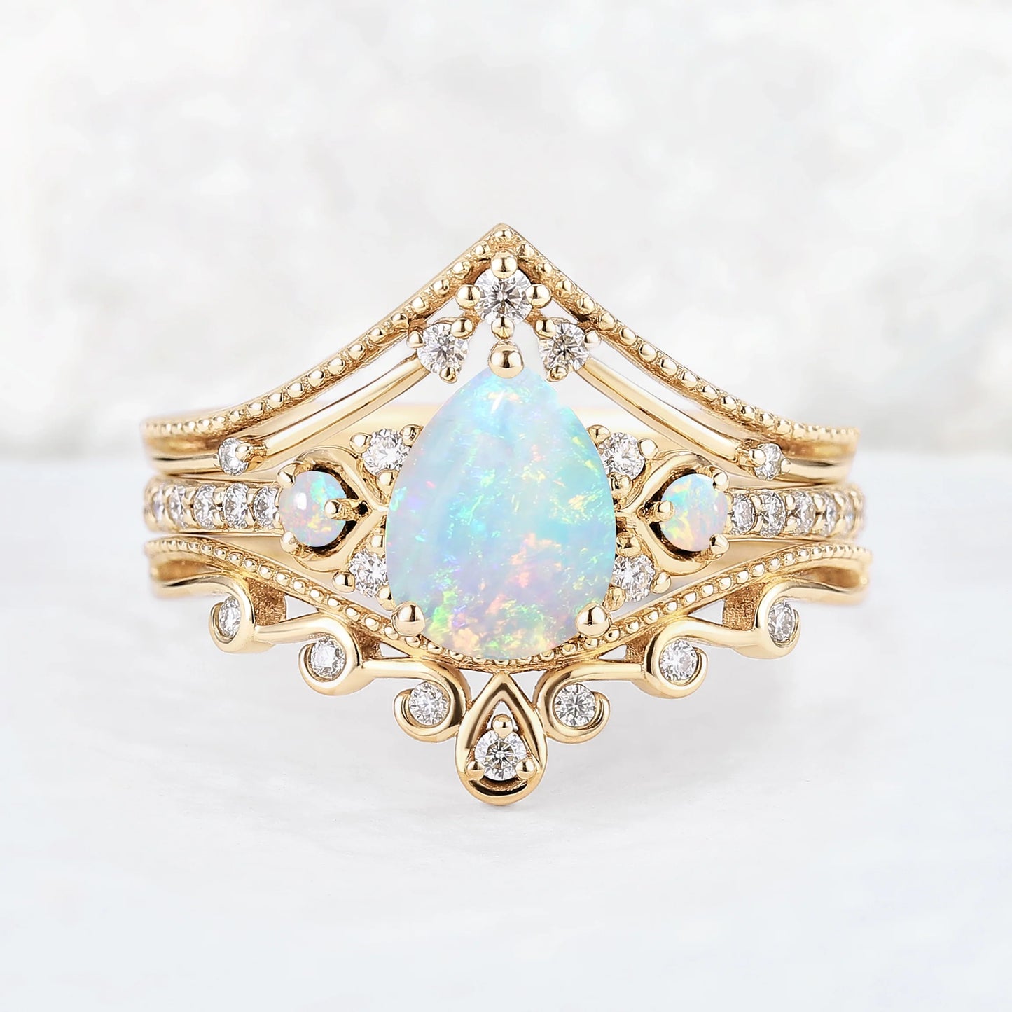 Unique Pear Shaped Natural Opal Vine Ring Set 3pcs
