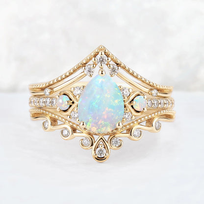 Unique Pear Shaped Natural Opal Vine Ring Set 3pcs