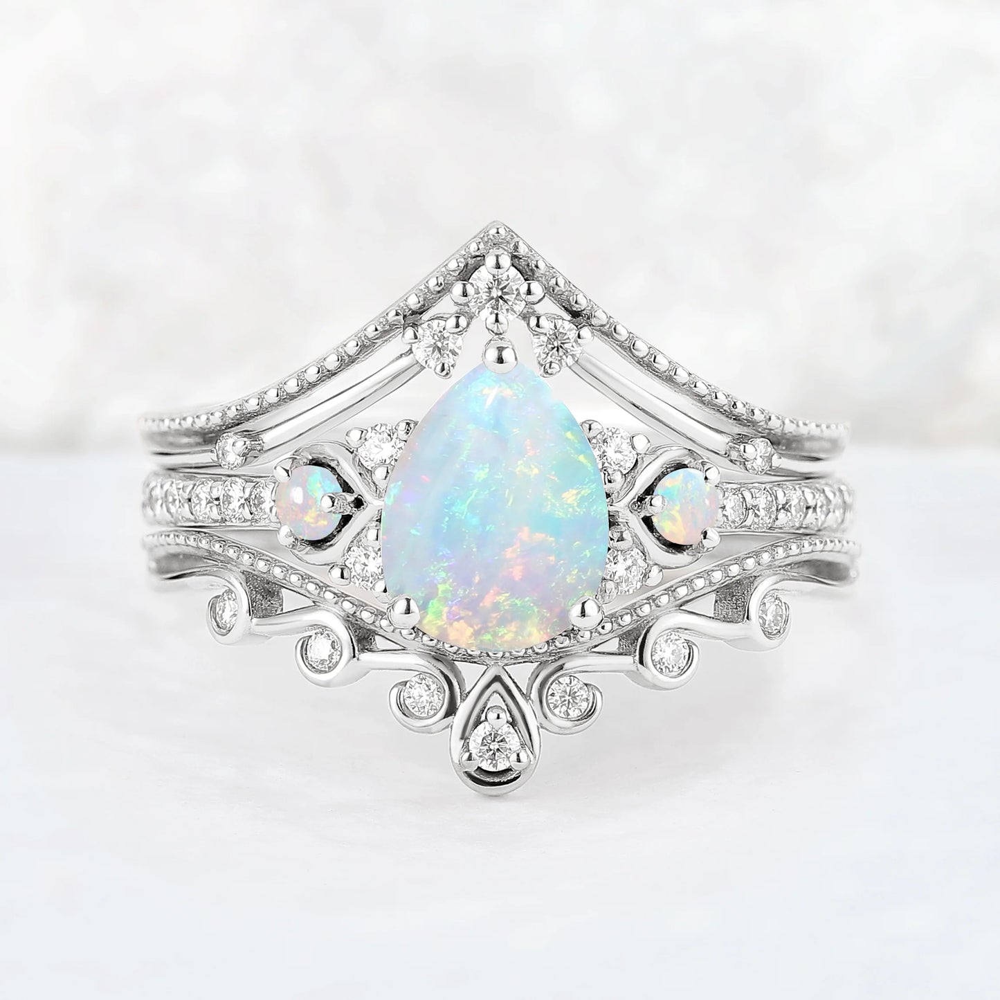 Unique Pear Shaped Natural Opal Vine Ring Set 3pcs