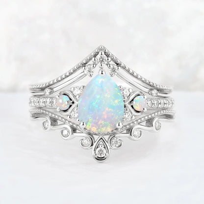 Unique Pear Shaped Natural Opal Vine Ring Set 3pcs
