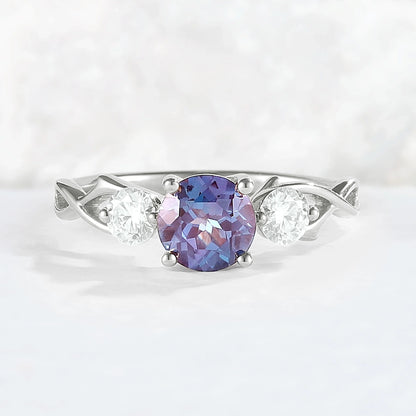 Unique Round Cut Alexandrite Moissanite Three Stone Ring