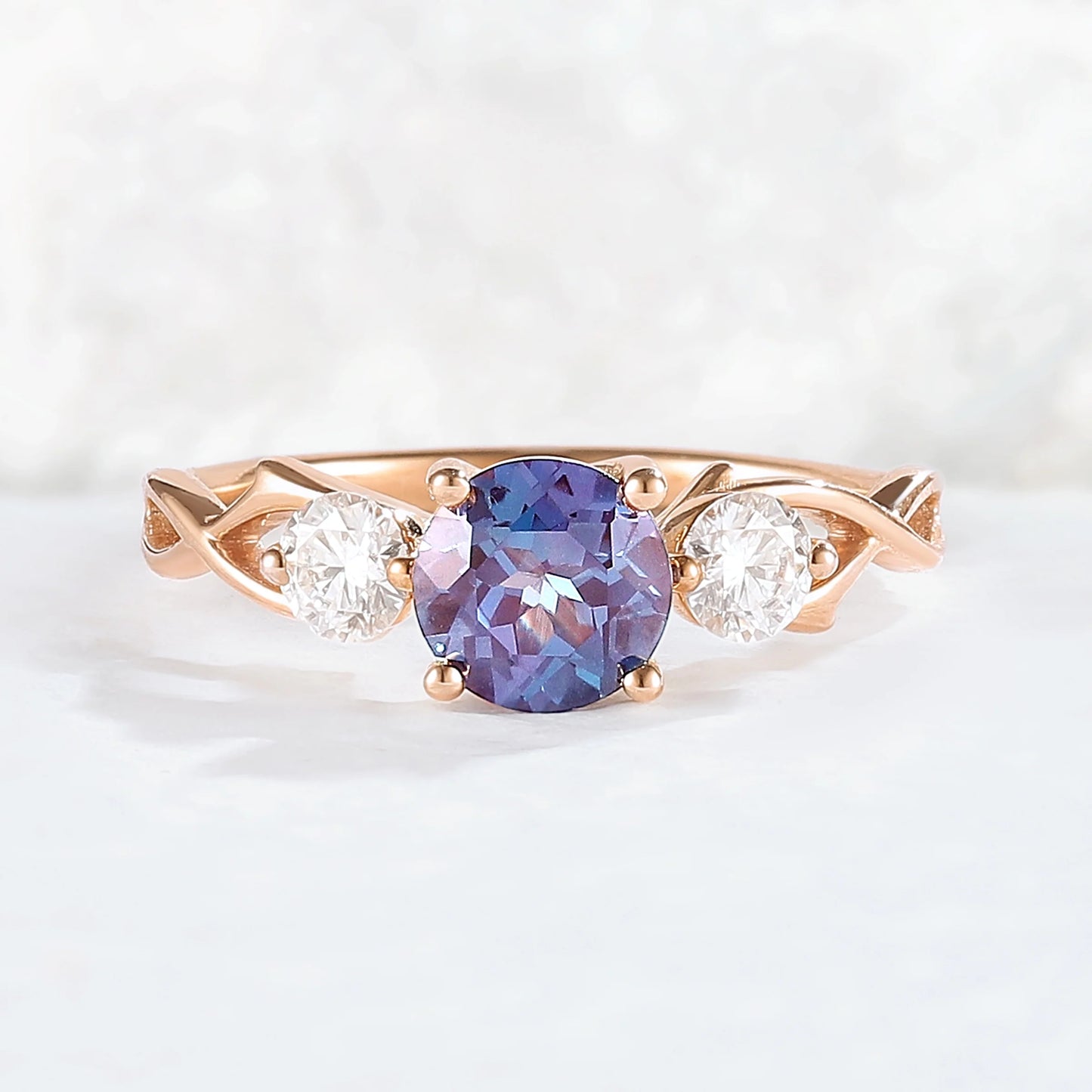 Unique Round Cut Alexandrite Moissanite Three Stone Ring