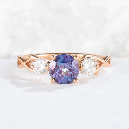 Unique Round Cut Alexandrite Moissanite Three Stone Ring