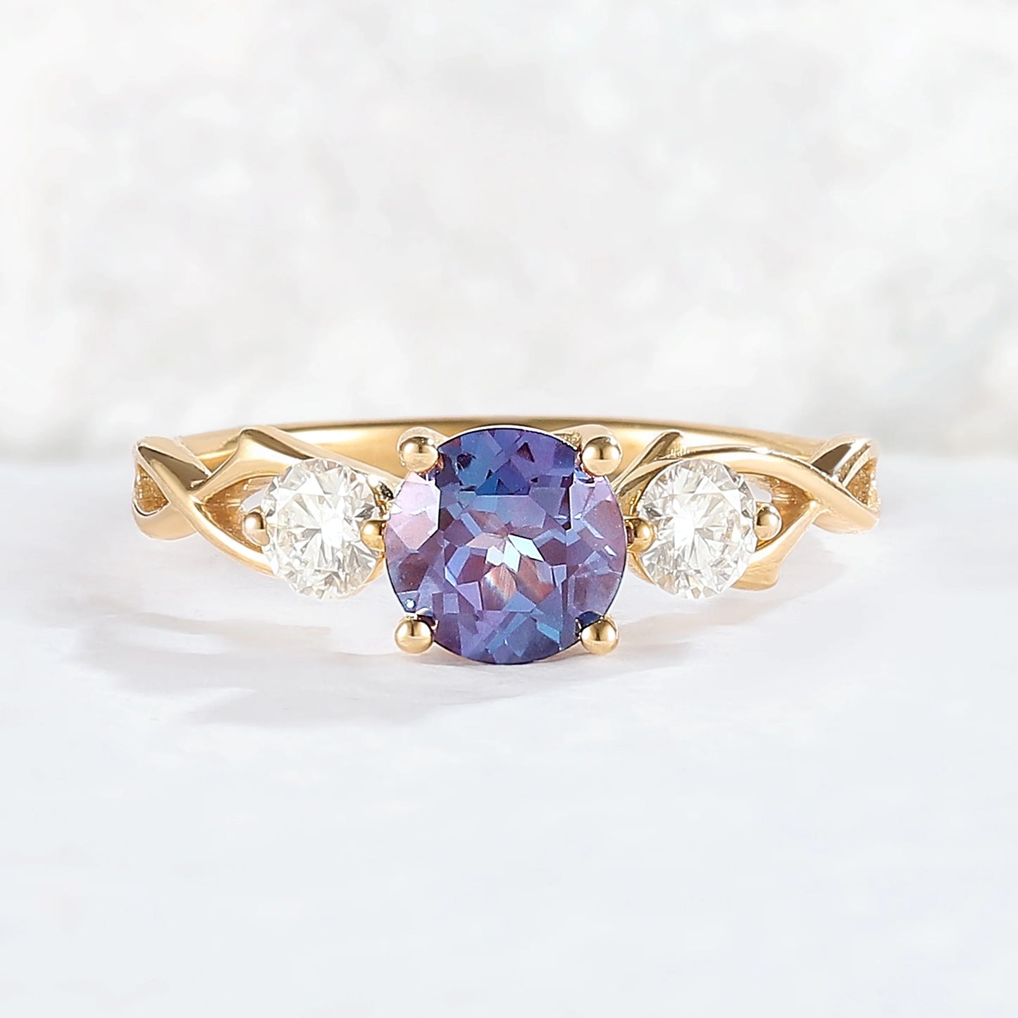 Unique Round Cut Alexandrite Moissanite Three Stone Ring