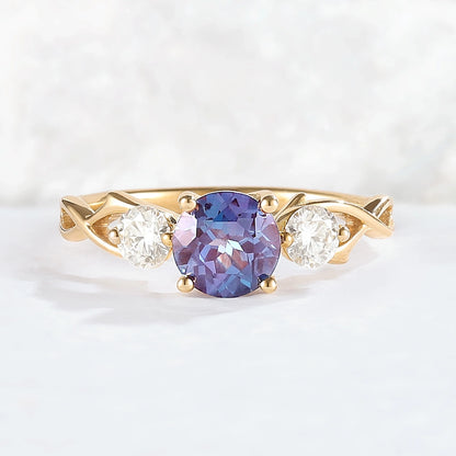 Unique Round Cut Alexandrite Moissanite Three Stone Ring