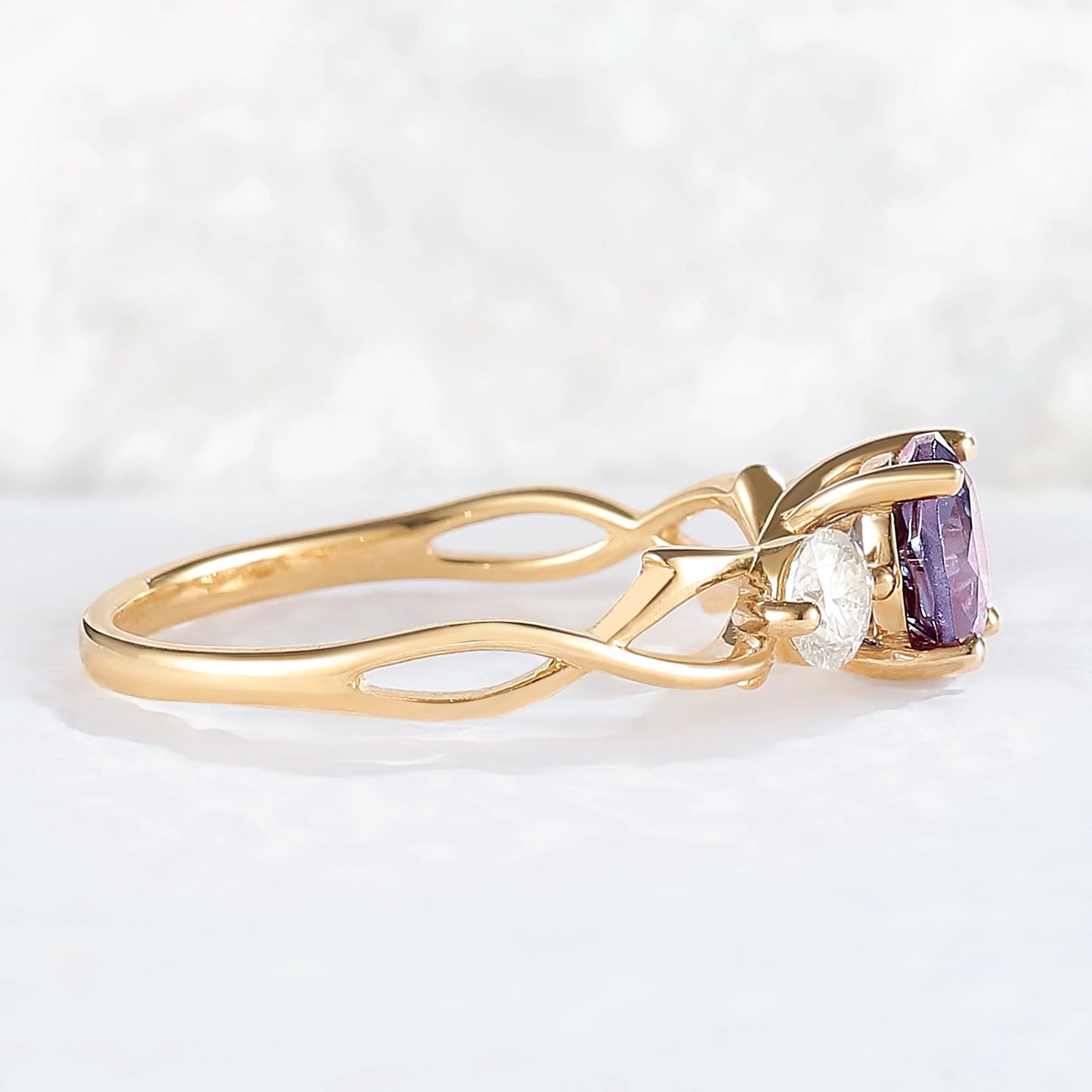 Unique Round Cut Alexandrite Moissanite Three Stone Ring