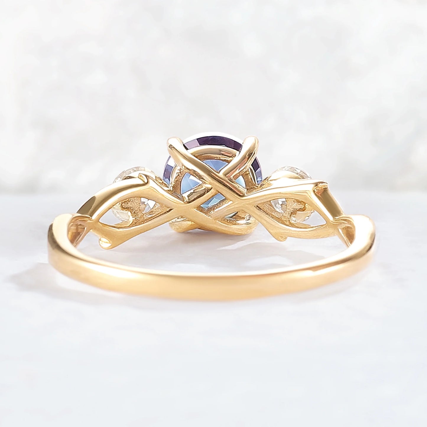 Unique Round Cut Alexandrite Moissanite Three Stone Ring