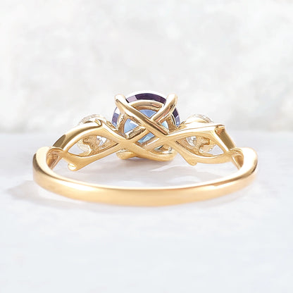 Unique Round Cut Alexandrite Moissanite Three Stone Ring