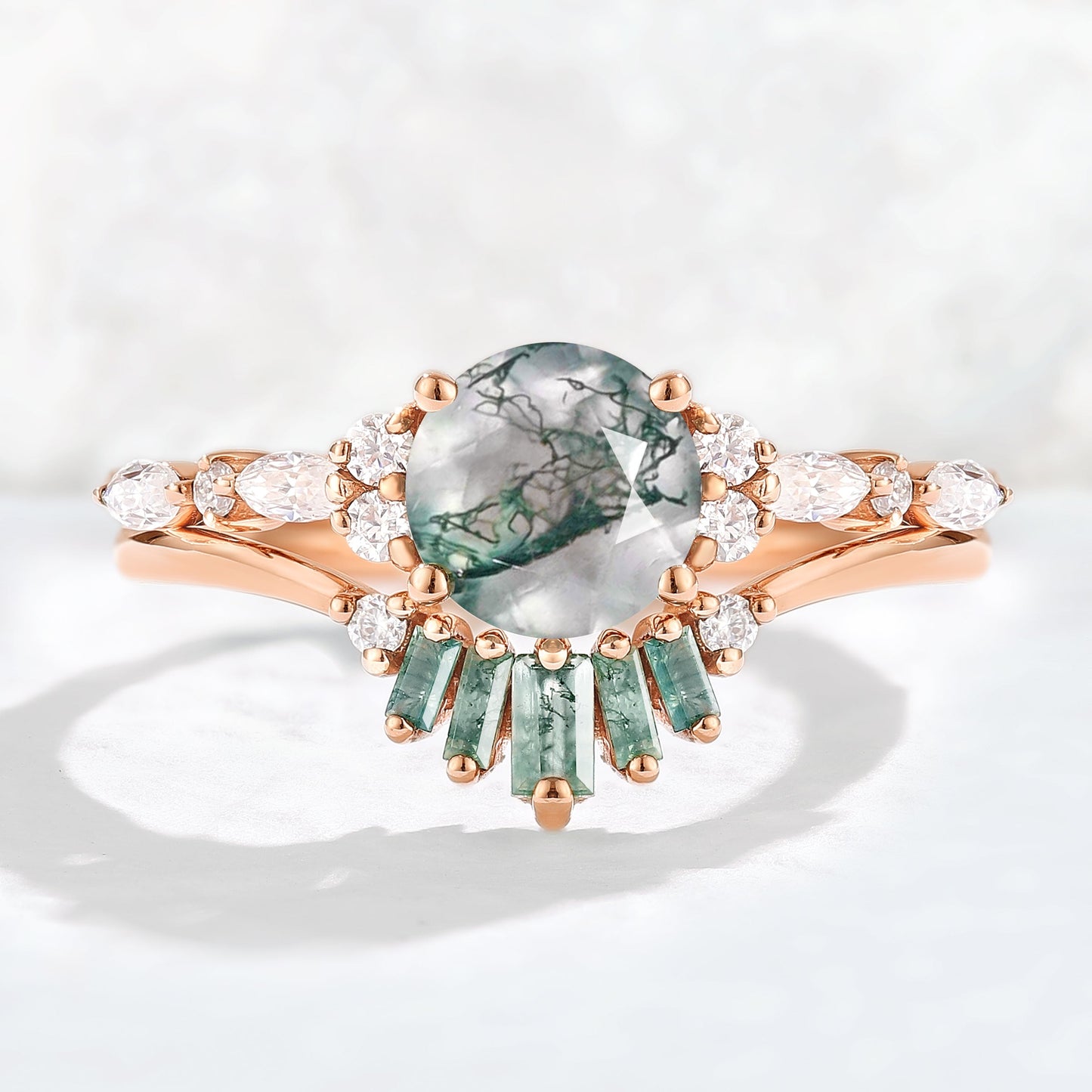 Unique Round Cut Moss Agate Captivating Ring Set 2pcs