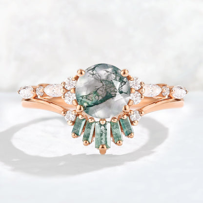 Unique Round Cut Moss Agate Captivating Ring Set 2pcs