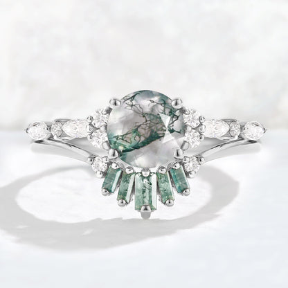 Unique Round Cut Moss Agate Captivating Ring Set 2pcs