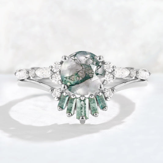 Unique Round Cut Moss Agate Captivating Ring Set 2pcs