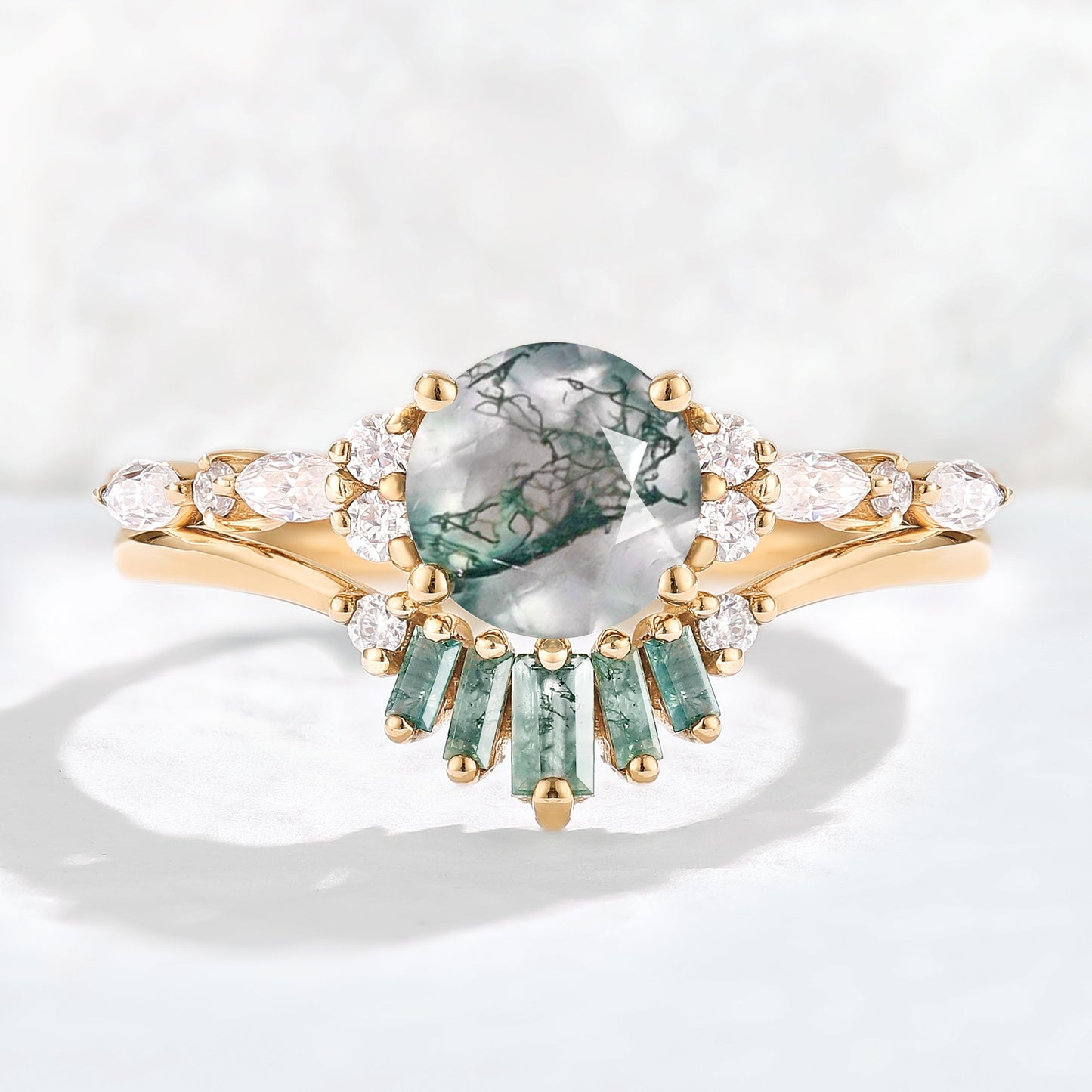 Unique Round Cut Moss Agate Captivating Ring Set 2pcs