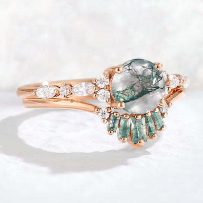 Unique Round Cut Moss Agate Captivating Ring Set 2pcs