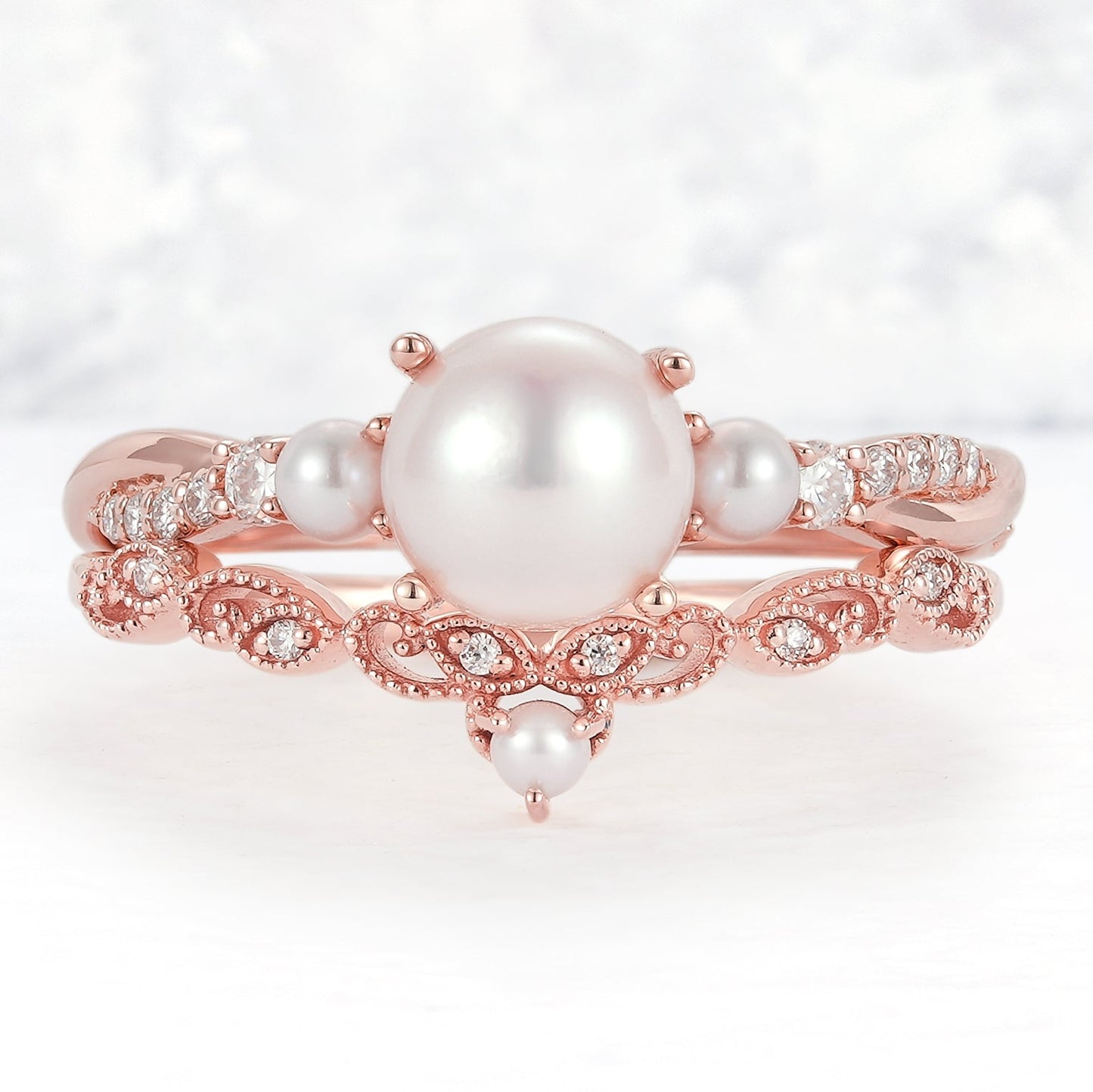 Unique Round Pearl Twisted Ring Set 2pcs