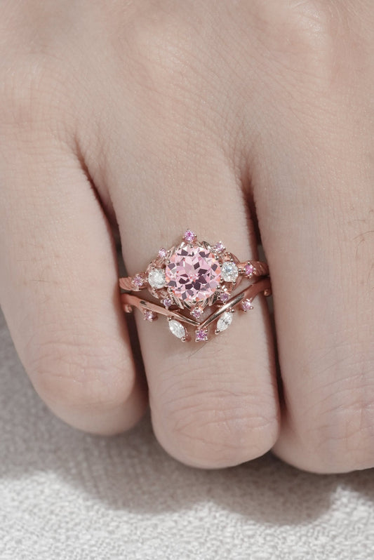 Unique Round Pink Sapphire and Moissanite Gemstone Ring Set 2pcs