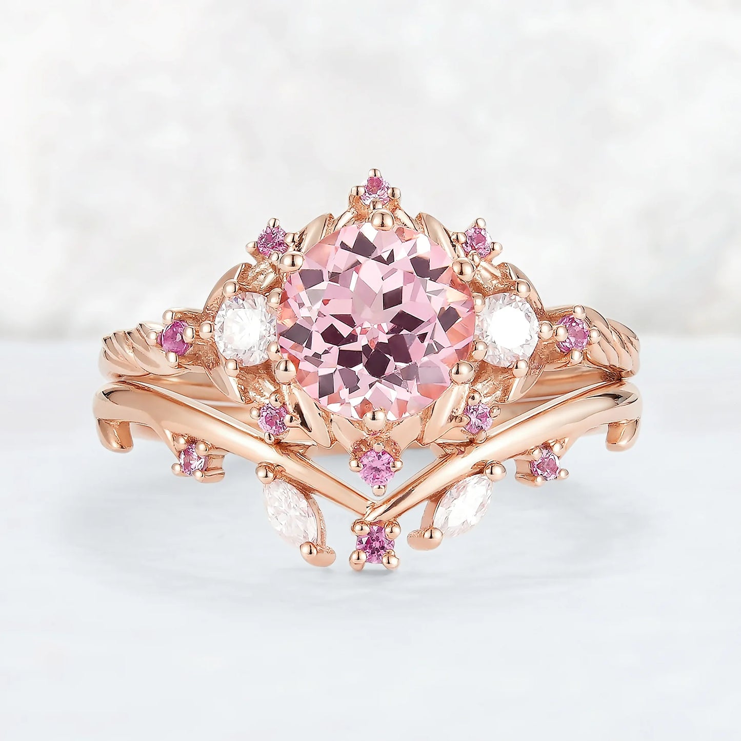 Unique Round Pink Sapphire and Moissanite Gemstone Ring Set 2pcs