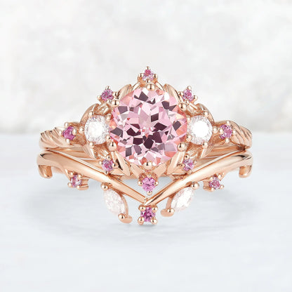 Unique Round Pink Sapphire and Moissanite Gemstone Ring Set 2pcs