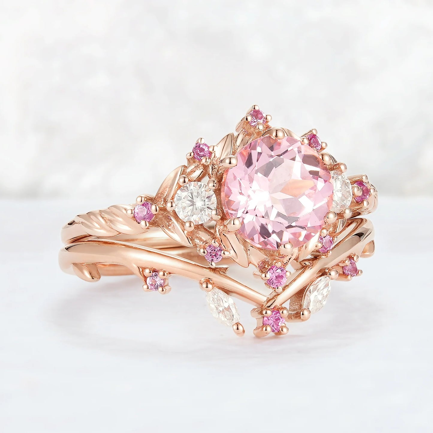 Unique Round Pink Sapphire and Moissanite Gemstone Ring Set 2pcs