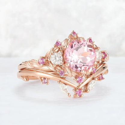 Unique Round Pink Sapphire and Moissanite Gemstone Ring Set 2pcs