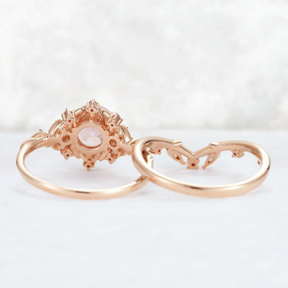 Unique Round Pink Sapphire and Moissanite Gemstone Ring Set 2pcs