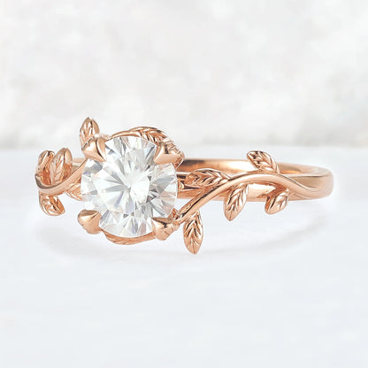Unique Round Shaped Moissanite Leaf Ring