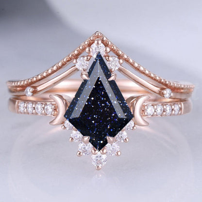 Unique kite Cut Blue Sandstone Moon Gemstone Ring