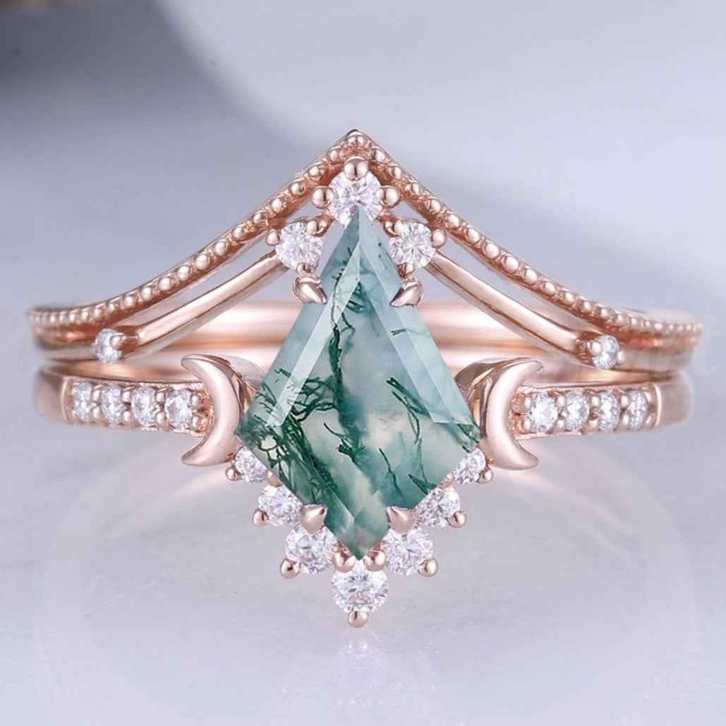 Unique kite Cut Moss Agate Moon Gemstone Ring Set 2pcs