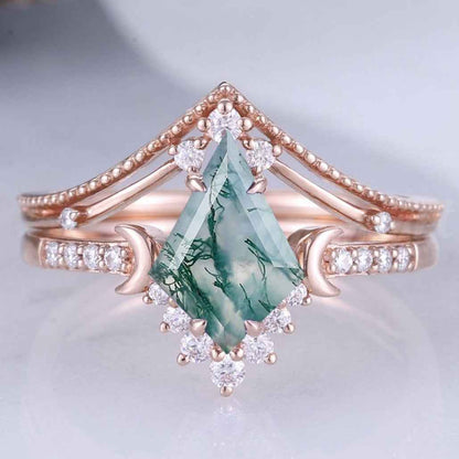 Unique kite Cut Moss Agate Moon Gemstone Ring Set 2pcs