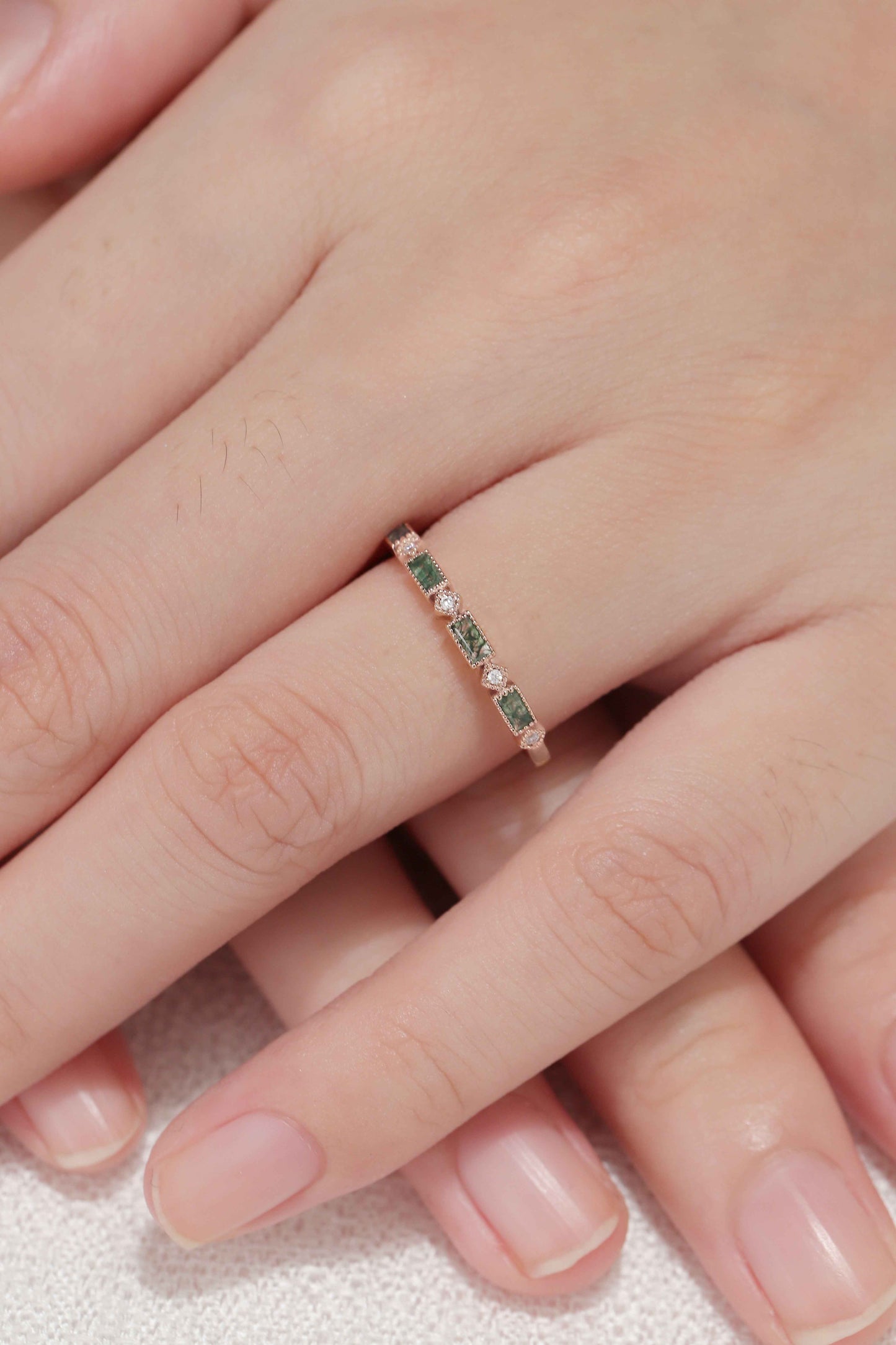Vintage Baguette Cut Moss Agate Milgrain Pave Band Stacking Ring