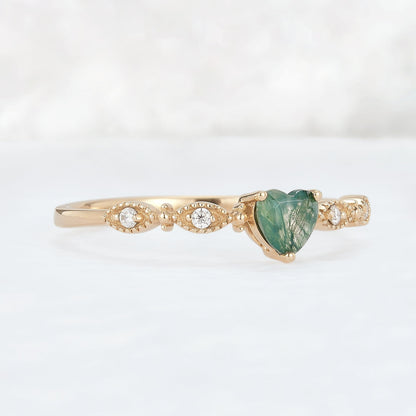 Vintage Heart Shaped Cut Moss Agate and Moissanite Gemstone Ring