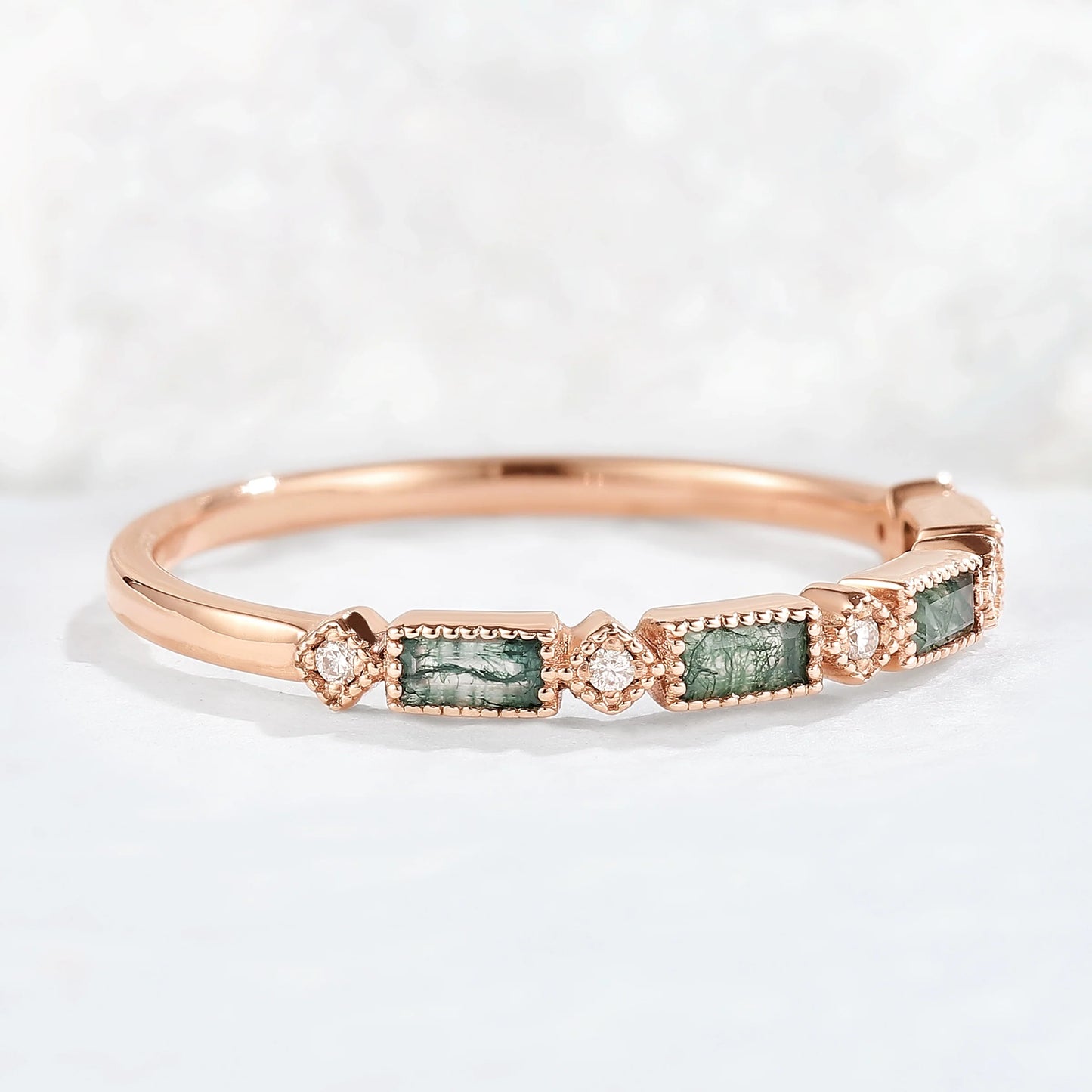 Vintage Baguette Cut Moss Agate Milgrain Pave Band Stacking Ring
