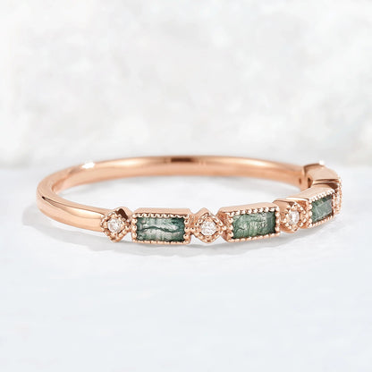 Vintage Baguette Cut Moss Agate Milgrain Pave Band Stacking Ring