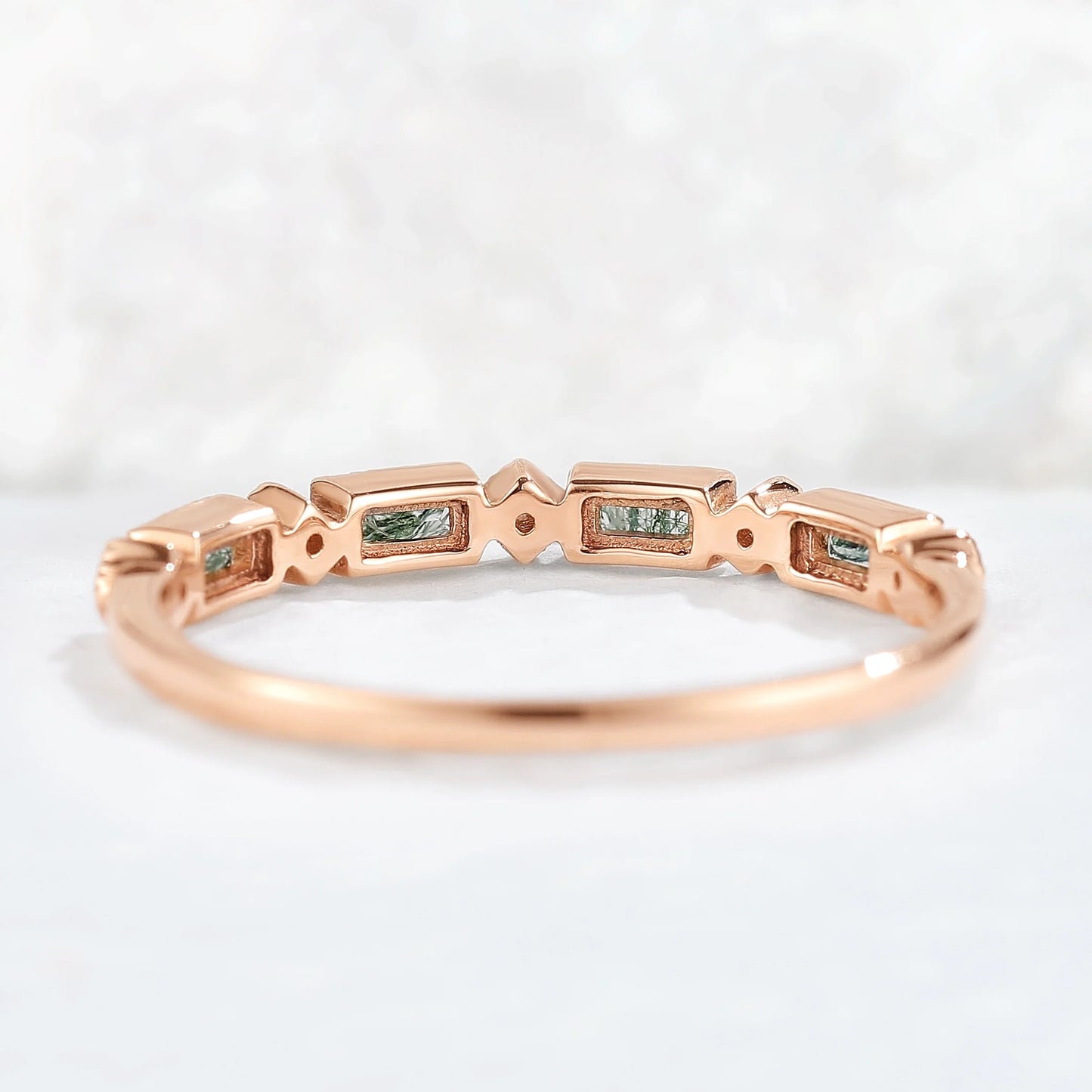 Vintage Baguette Cut Moss Agate Milgrain Pave Band Stacking Ring