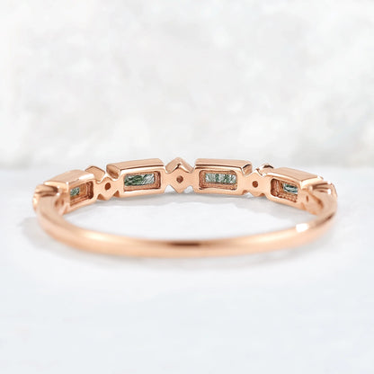 Vintage Baguette Cut Moss Agate Milgrain Pave Band Stacking Ring