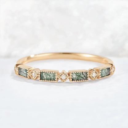 Vintage Baguette Cut Moss Agate Milgrain Pave Band Stacking Ring