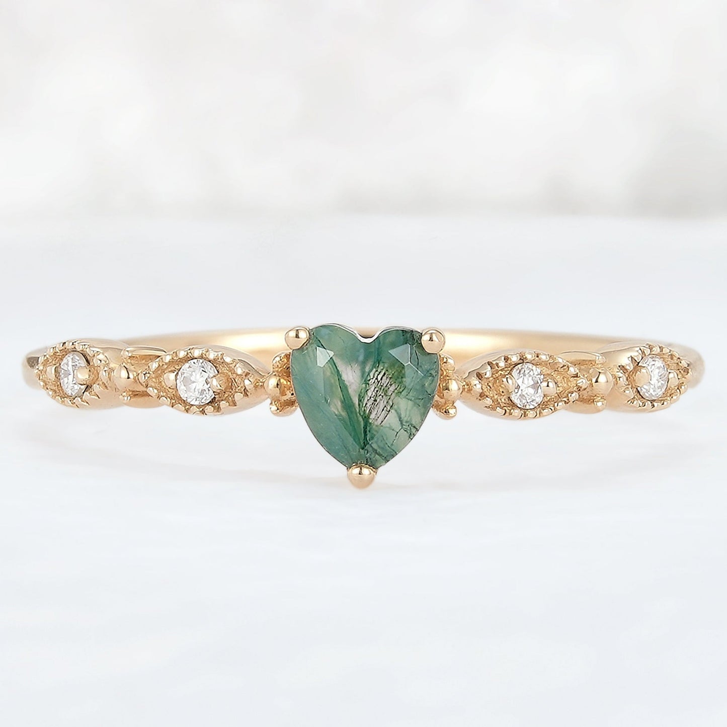 Vintage Heart Shaped Cut Moss Agate and Moissanite Gemstone Ring