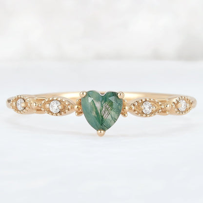 Vintage Heart Shaped Cut Moss Agate and Moissanite Gemstone Ring