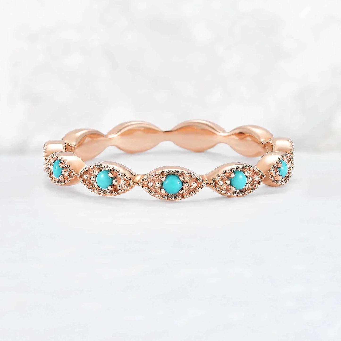 Vintage Round Cut Turquoise Milgrain Pave Band Stacking Ring